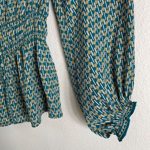 Max Studio Womens Small Geometric V Neck Peplum Blouse Teal White Yellow Shirt - Picture 11 of 13